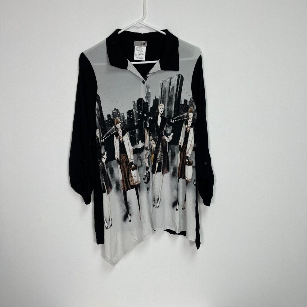 Zoé by Michael Phillips Womens Art to Wear Shirt Medium Roll-Tab Sleeve Black